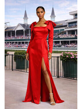 Ieena for Mac Duggal 49648 Red Satin Gown Size 8 Bow Shoulder Long Sleeve Formal